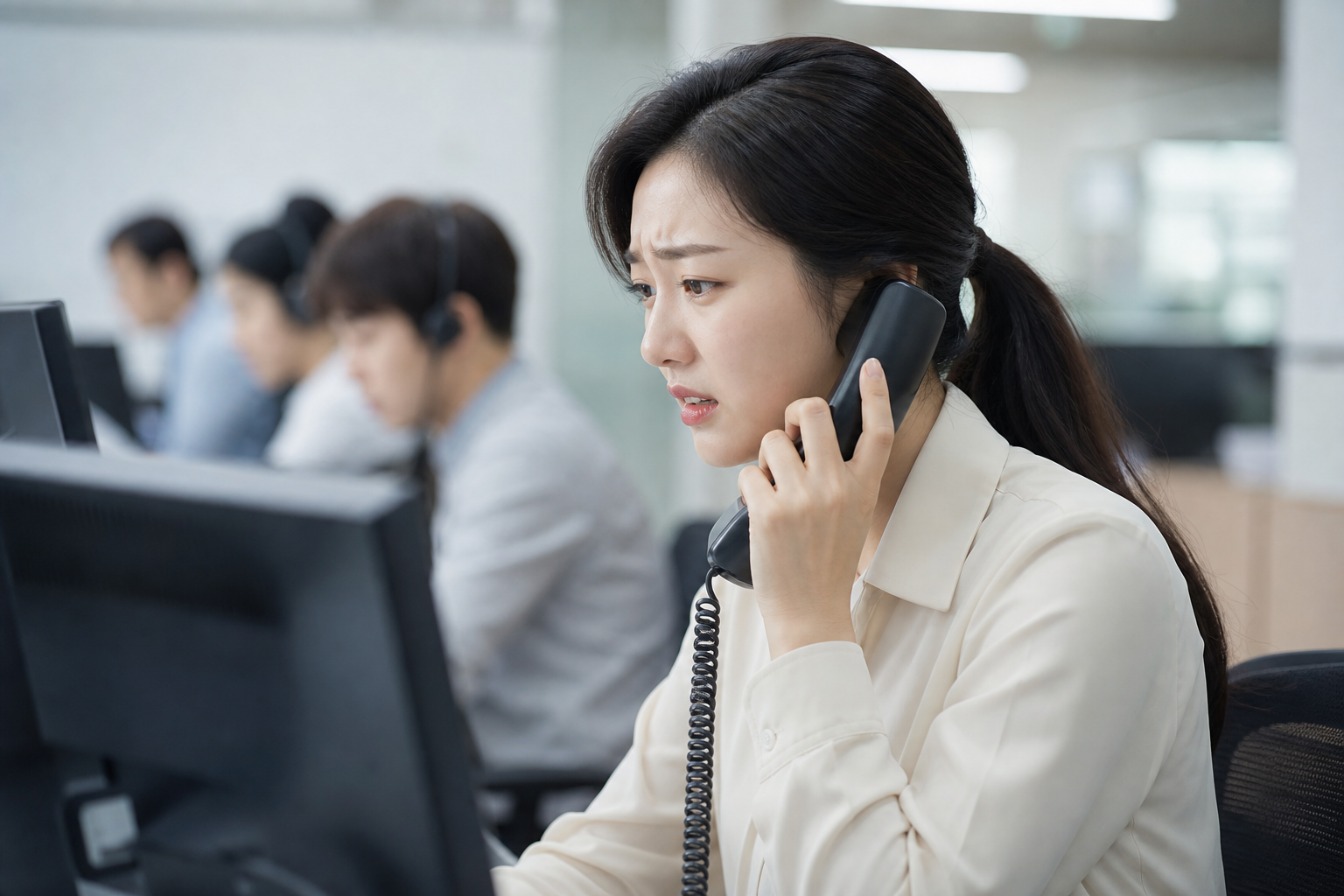 밀려드는 전화와 대기 고객 속에서 과부하에 빠진 상담 직원의 모습
